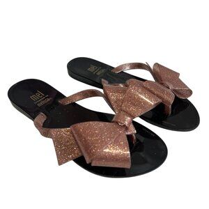 Melissa Sandals Harmonic Bow III Thong black glittery pink bow kids size 13